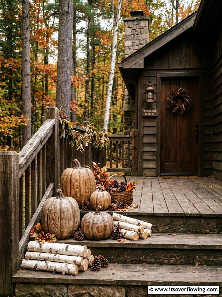 Rustic wood pumpkin porch - 25 front porch decor ideas with fake pumpkins
