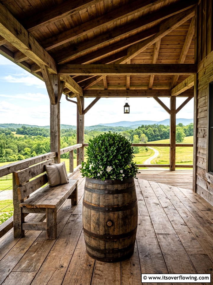 Rustic wooden barrel topiary - 25 front porch ideas with topiaries