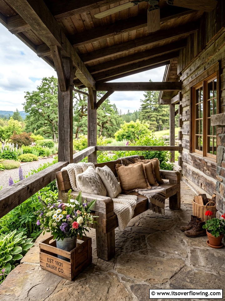 Rustic wooden bench with textured cushions - 25 front porch decor ideas with pillows