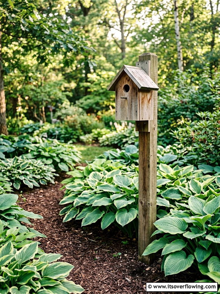 Rustic wooden birdhouse on post - 25 garden decor ideas with birdhouses