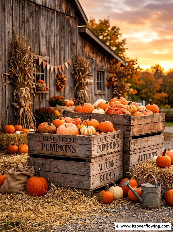 Rustic wooden crate pumpkins - 25 front porch decor ideas with real pumpkins