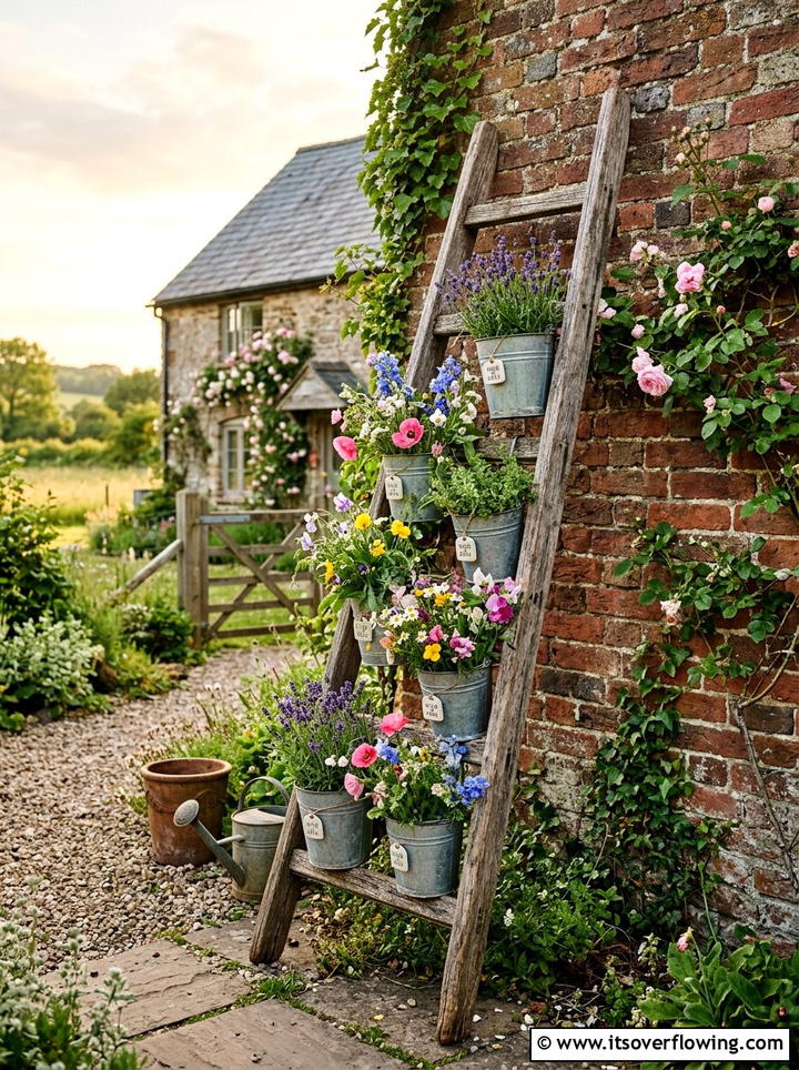 Rustic wooden ladder planter - 25 creative garden ideas with ladder planters