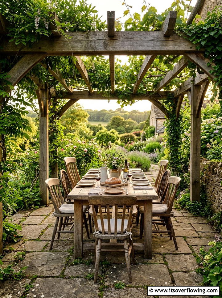 Rustic wooden pergola - 25 creative garden ideas with outdoor dining spaces