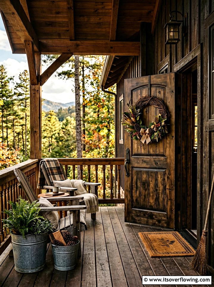 Rustic wooden porch - 25 front porch decor ideas with floral wreath