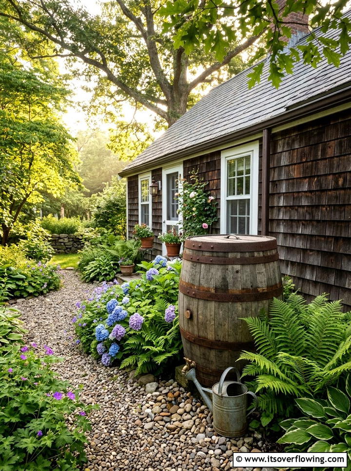 Rustic wooden rain barrel - 25 creative garden ideas with rain barrel displays