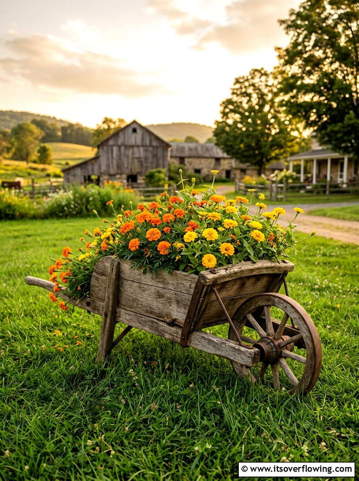 Rustic wooden wheelbarrow - 25 garden decor ideas with floral displays
