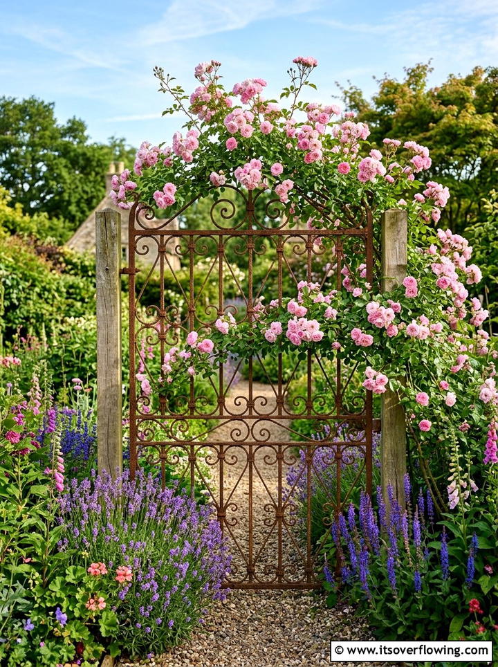 Rusty Metal Gate Trellis - 25 upcycled garden ideas with cottage style
