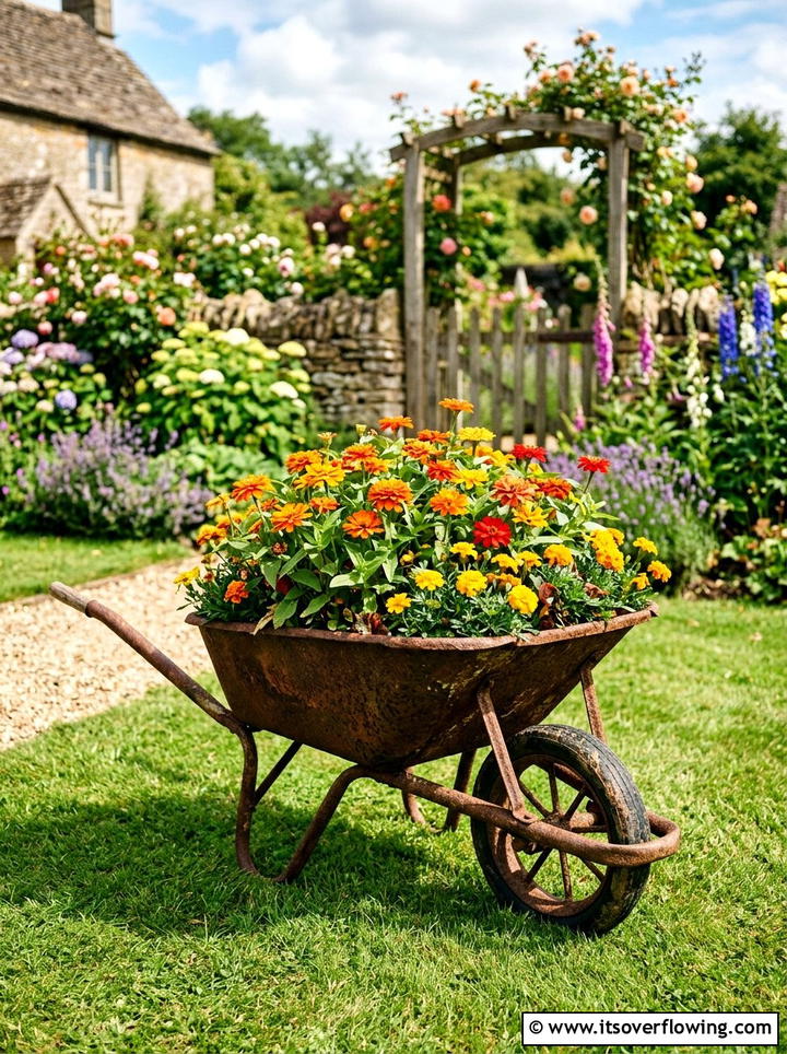 Rusty Wheelbarrow Bed - 25 backyard ideas with vintage planters