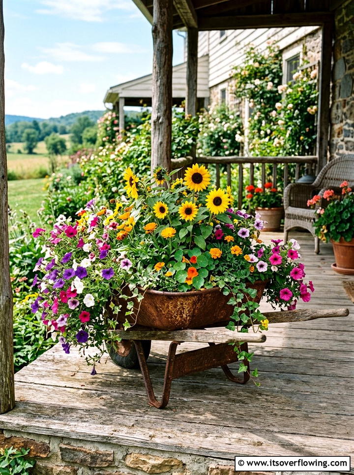 Rusty Wheelbarrow Garden - 25 upcycled garden ideas for porches