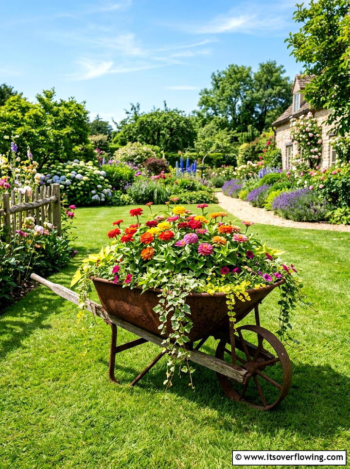 Rusty Wheelbarrow Garden Display - 25 upcycled garden ideas for small gardens