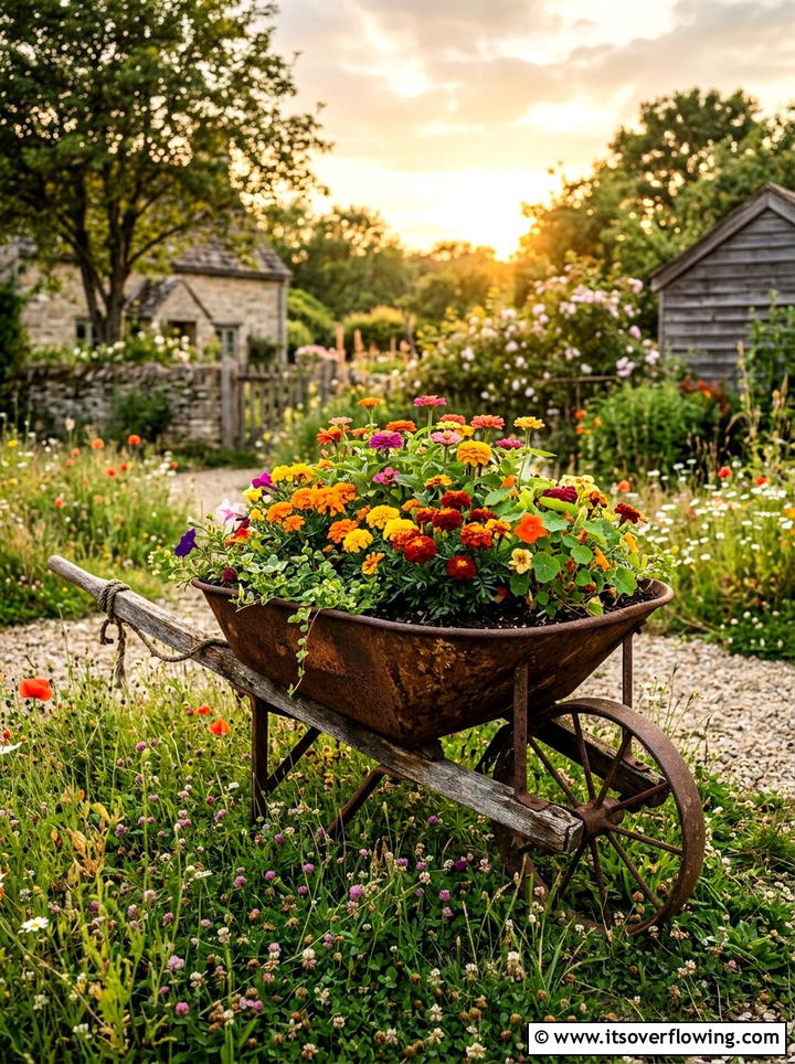 Rusty Wheelbarrow Garden Feature - 25 backyard ideas with upcycled decor