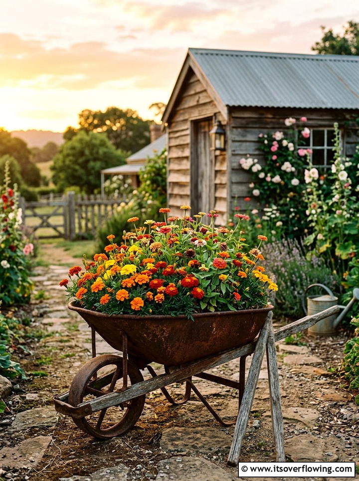 Rusty Wheelbarrow Planter - 25 upcycled garden ideas