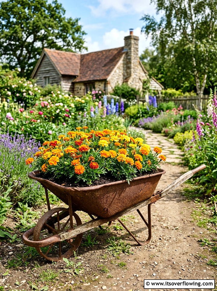 Rusty Wheelbarrow Planter - 25 reusing old things ideas for seasonal garden decor