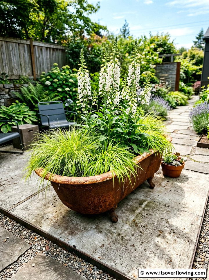 Rusty bathtub planter - 25 upcycled garden ideas with old bathtubs