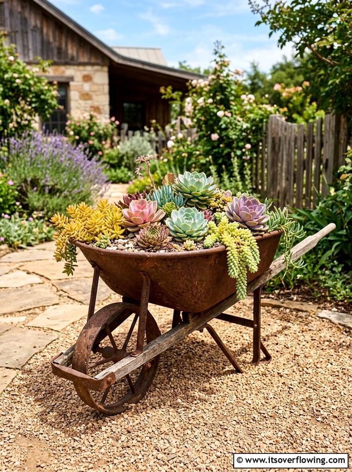Rusty metal wheelbarrow succulent planter - 25 upcycled garden ideas with old wheelbarrows