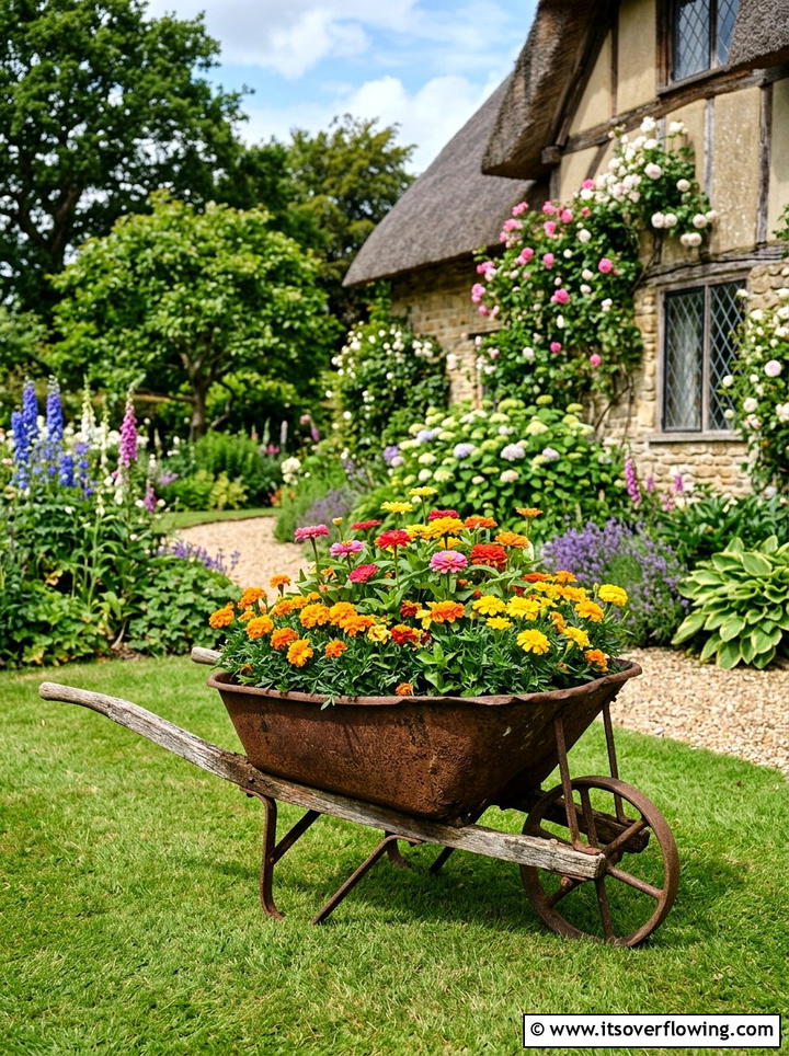 Rusty wheelbarrow flower planter - 25 cheap garden ideas with repurposed containers