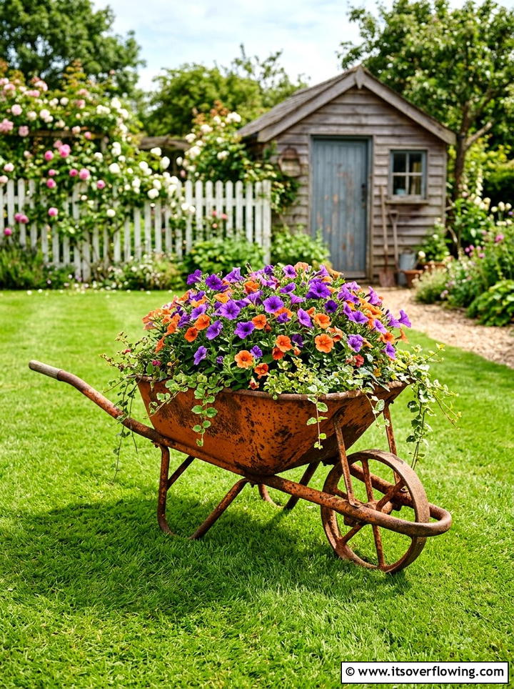 Rusty wheelbarrow garden - 25 cheap garden ideas with thrifted decor