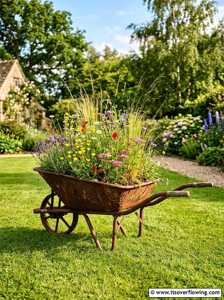 Rusty wheelbarrow planter - 25 upcycled garden ideas for sunny spaces