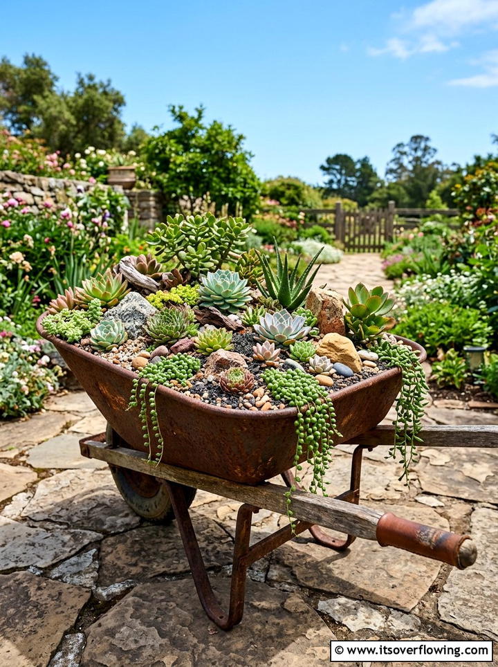 Rusty wheelbarrow succulent display - 25 reusing old things ideas for succulent garden