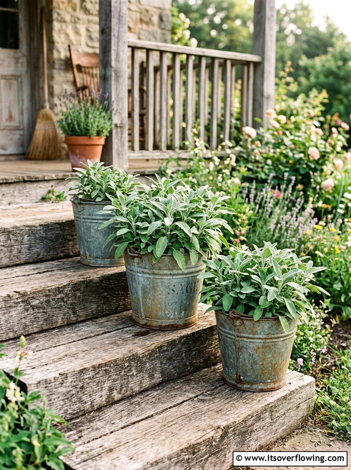 Sage Plants In Rustic Metal Buckets - 25 front porch ideas with drought tolerant plants