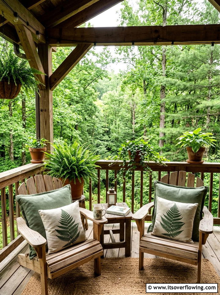 Sage green and botanical print porch textiles - 25 front porch decor ideas with pillows