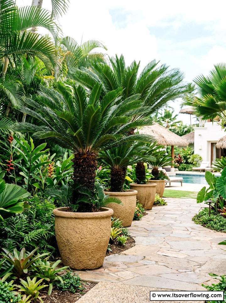 Sago Palms In Tropical Planters - 25 front porch ideas with drought tolerant plants