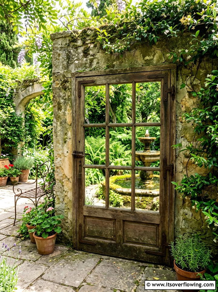 Salvaged Door Outdoor Mirror - 25 backyard decorating ideas with old door decor