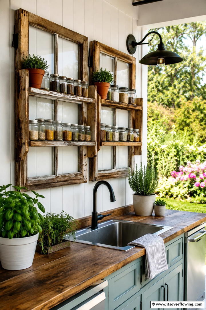 Salvaged Window Shelves - 30 Rustic Outdoor Kitchen Ideas for Al Fresco Dining