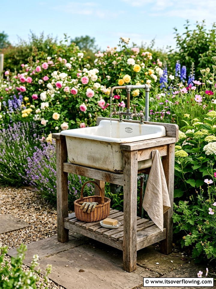 Salvaged porcelain sink station - 25 upcycled garden ideas with watering stations