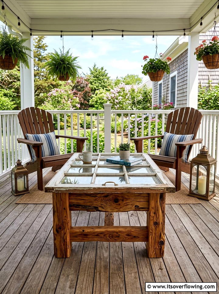 Salvaged window coffee table - 25 front porch ideas with repurposed windows
