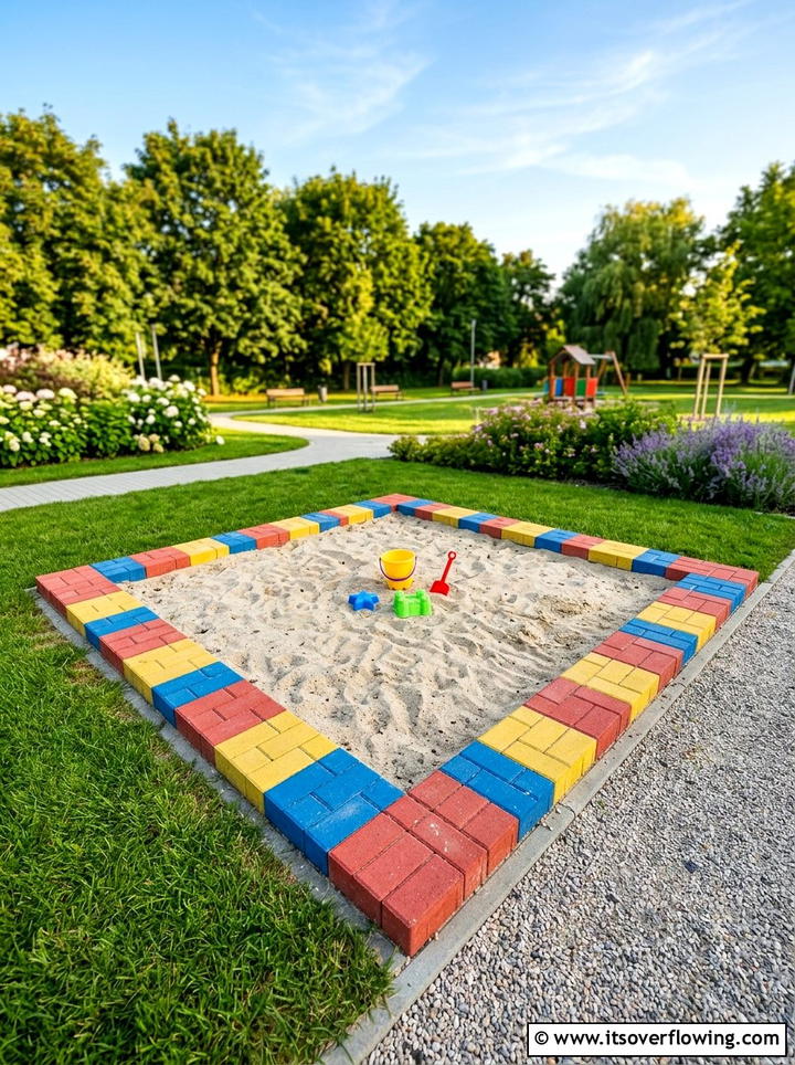 Sandbox With Colorful Pavers - 25 backyard ideas with sandbox