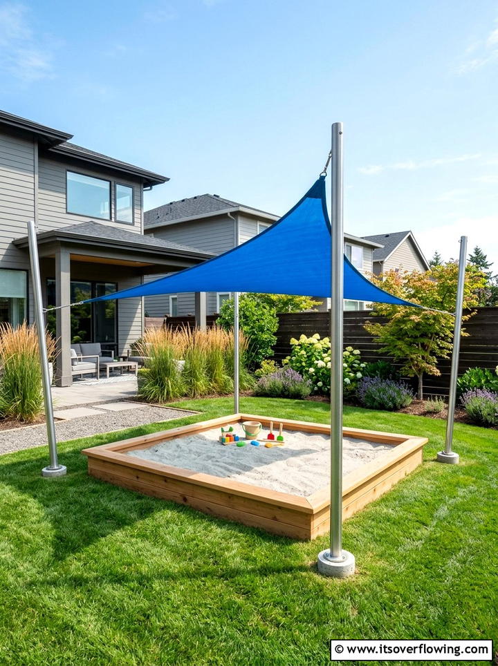 Sandbox With Sun Shade Sail - 25 backyard ideas with sandbox