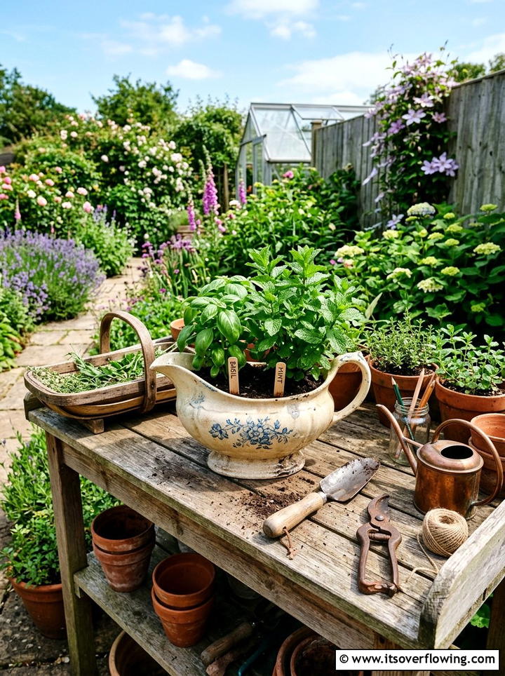 Sauce Boat Herb Garden - 25 recycled garden ideas with chipped dishes