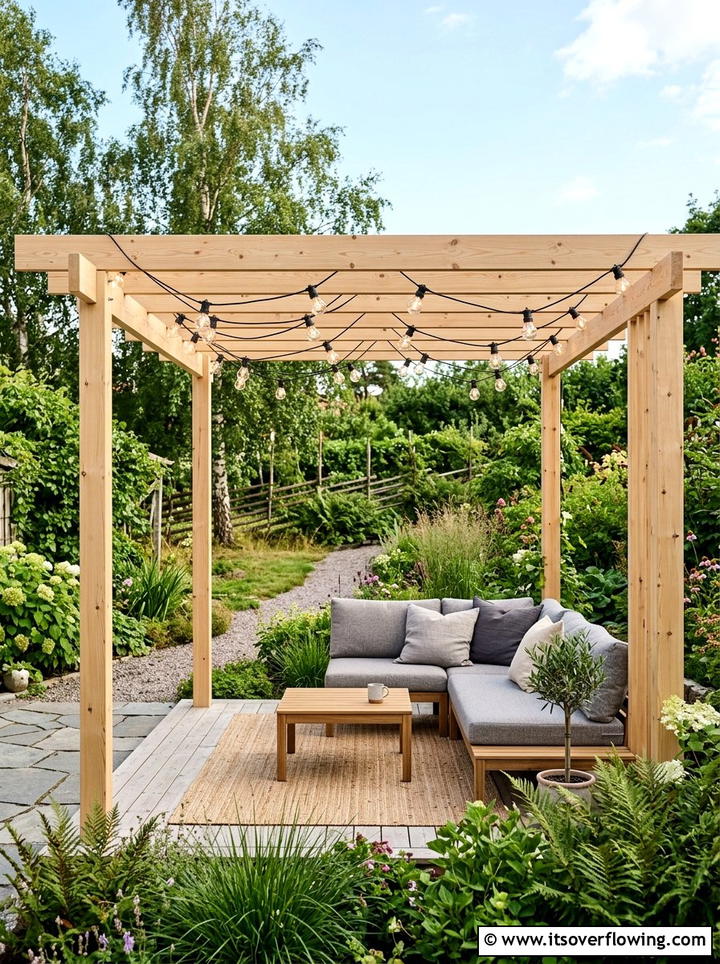 Scandi Pergola Simple Bulbs - 25 backyard decorating ideas with pergola string lights