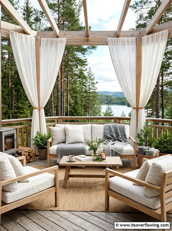 Scandi outdoor living room with white curtains - 25 backyard decorating ideas with outdoor curtains
