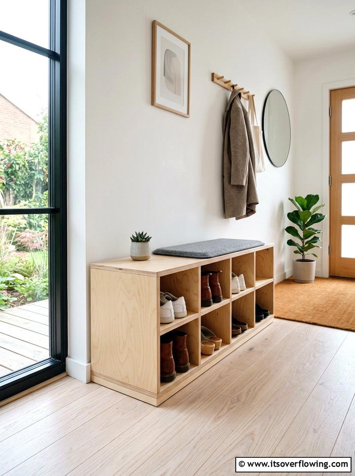 Scandinavian style plywood shoe box - 25 front porch ideas with shoe storage