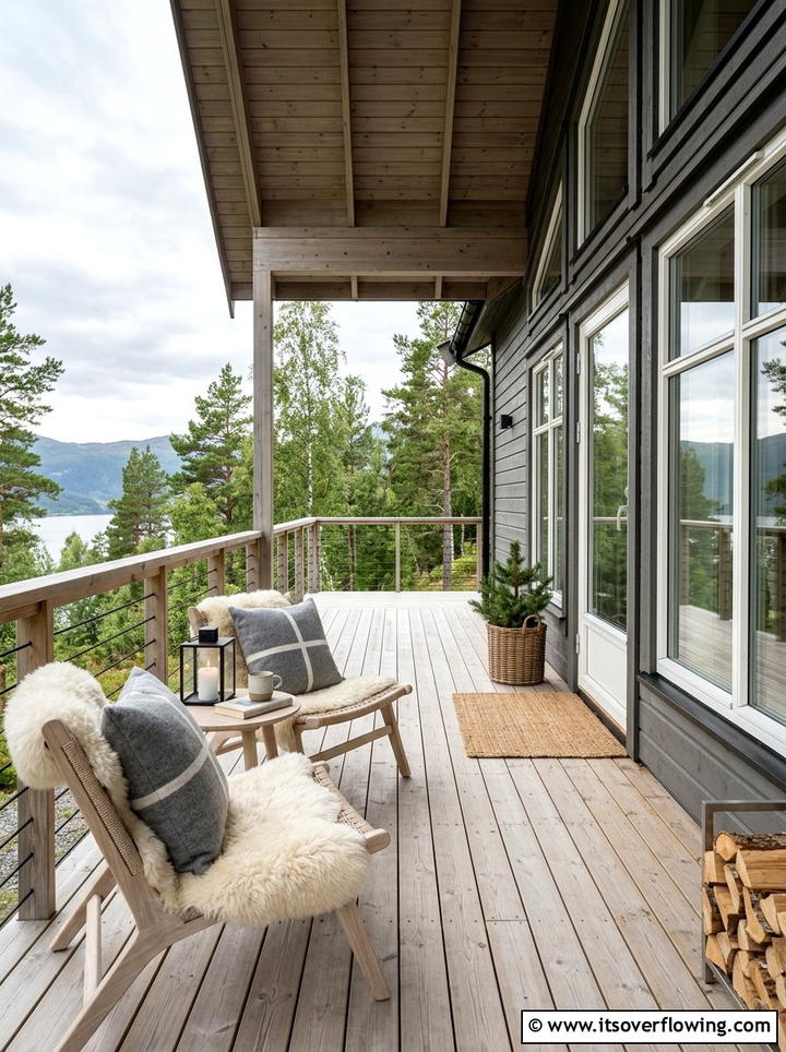 Scandinavian style porch with sheepskin and pillows - 25 front porch decor ideas with pillows