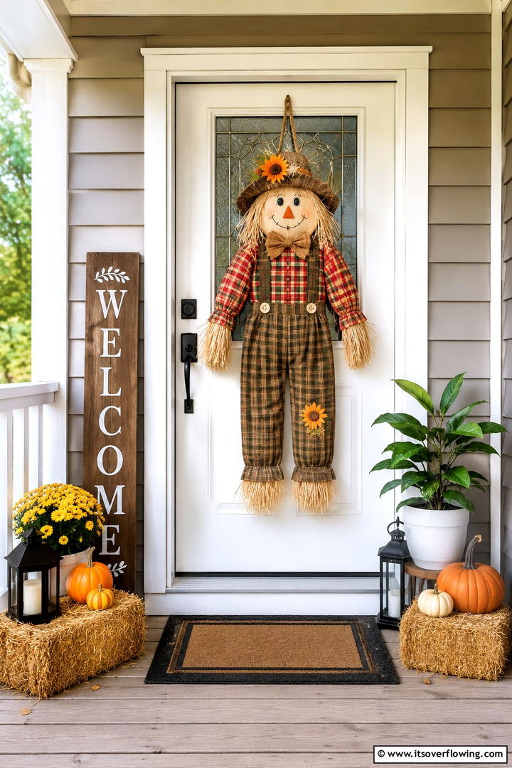 Scarecrow Door Hanger Display - 50 Fall Front Door Decor Ideas Roundup- Curb Appeal
