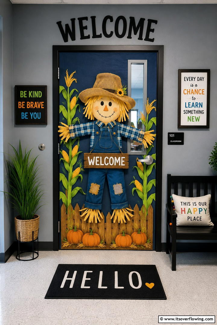 Scarecrow Welcome Door - 50 Fall Door Decor Classroom Ideas for Cozy Entryways