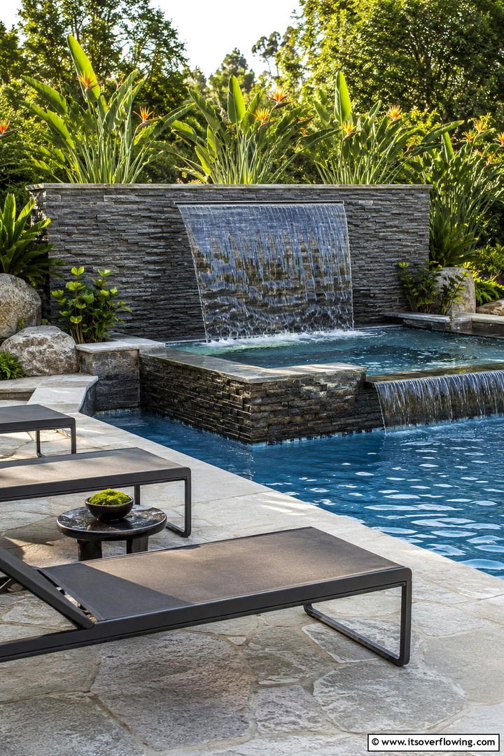 Scenic Waterfall Feature Pool - 30 Rectangle Pool With Hot Tub Designs for Luxury Backyards