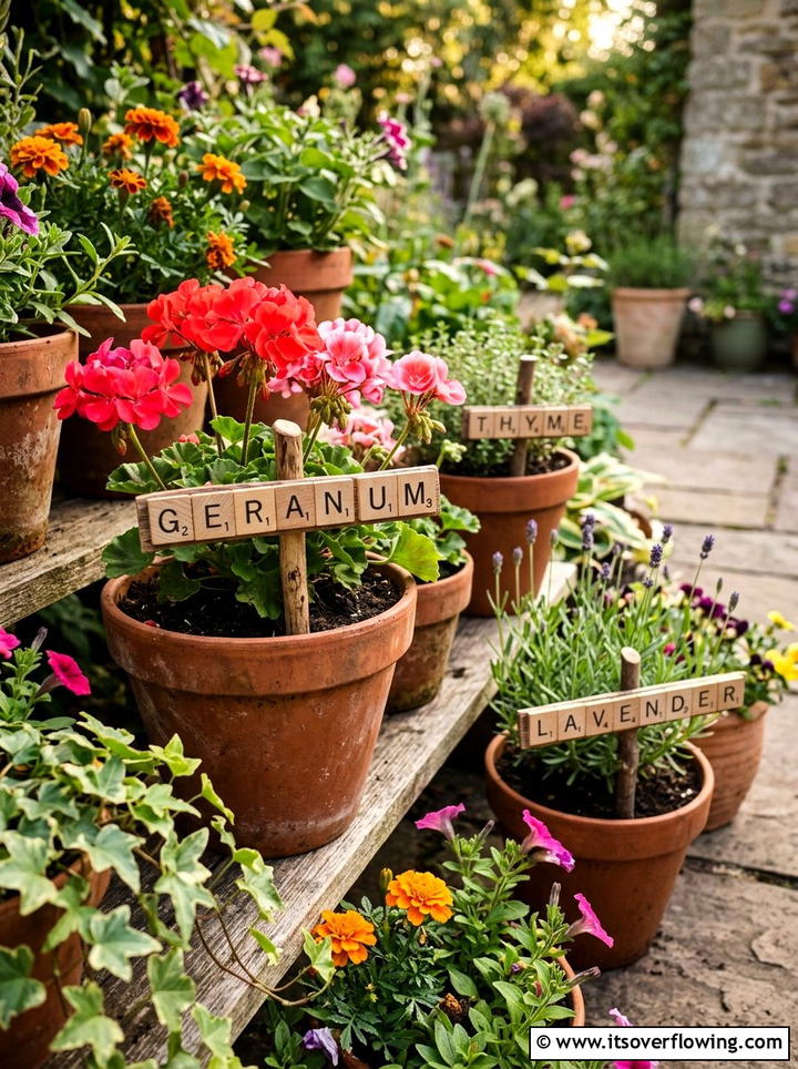Scrabble tile labels - 25 recycled garden ideas with plant labels