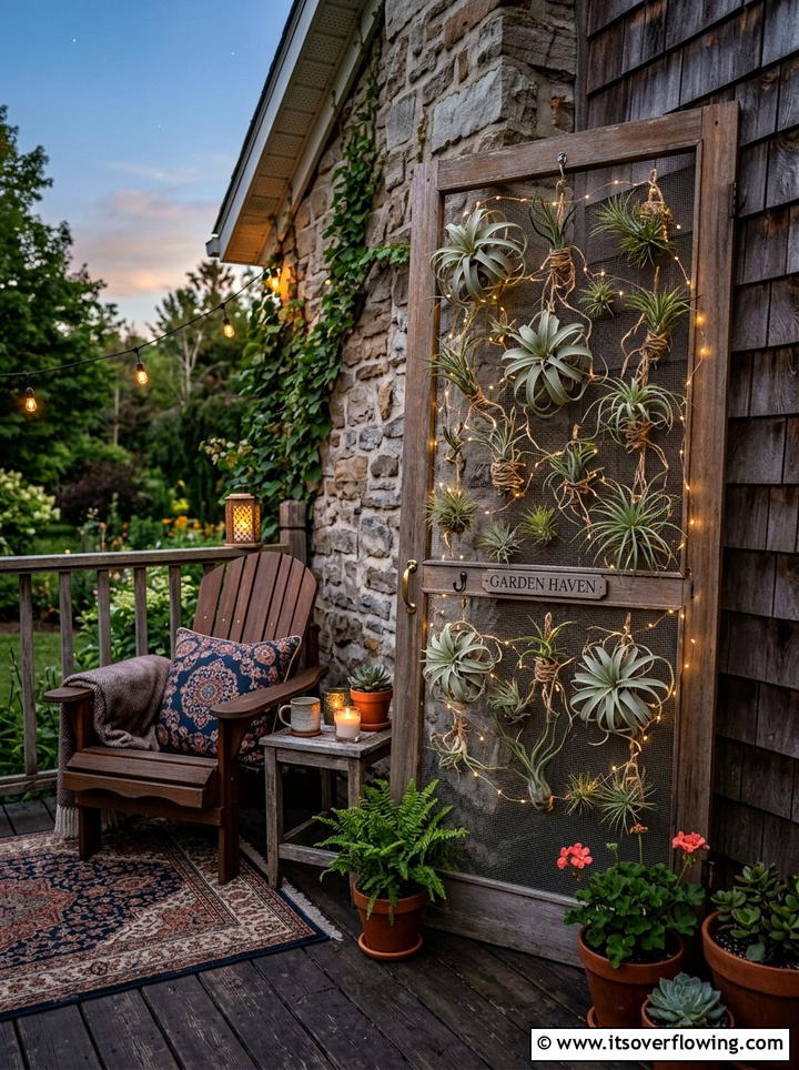 Screen door plant display - 25 garden decor ideas with old doors