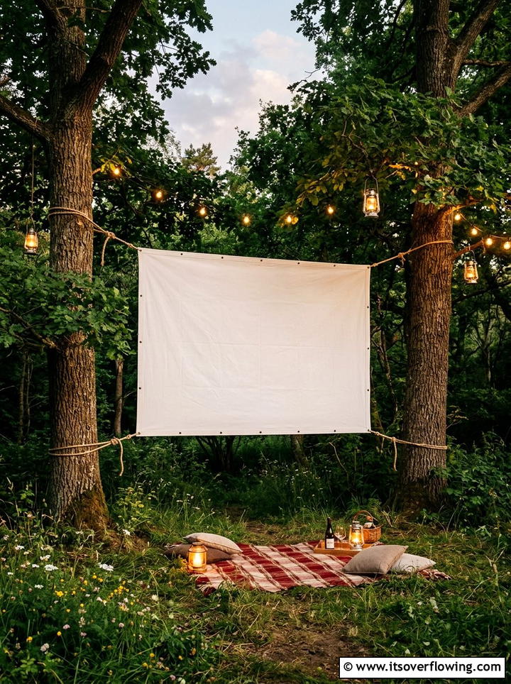Screen hanging from trees - 25 backyard ideas with outdoor movie setup