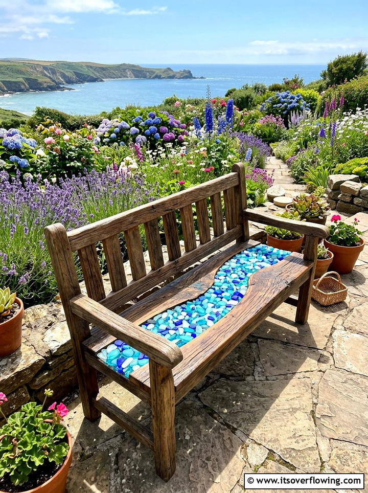 Sea Glass Inlay Wood Bench - 25 recycled garden ideas with recycled glass art
