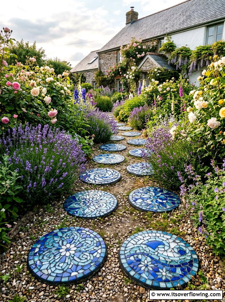 Sea Glass Mosaic Stepping Stone - 25 recycled garden ideas with recycled glass art