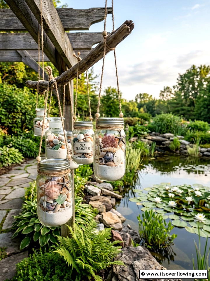 Sea Shell Filled Jars - 25 garden decor ideas with hanging jars
