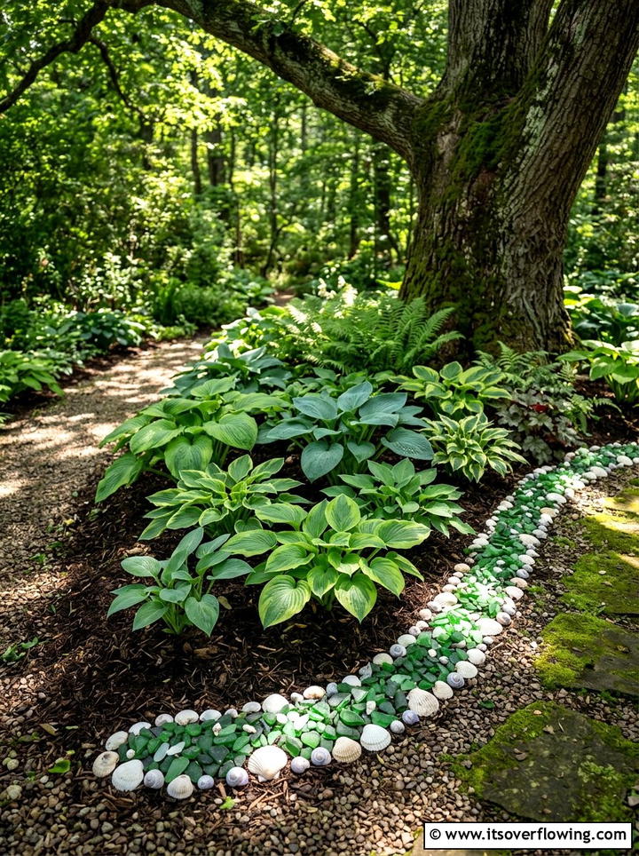 Sea glass and shell edging for flower beds - 25 garden ideas with shell borders