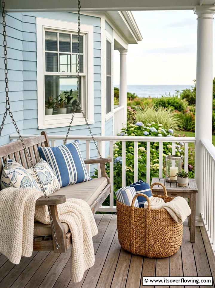 Seagrass basket pillow storage - 25 front porch decor ideas with baskets