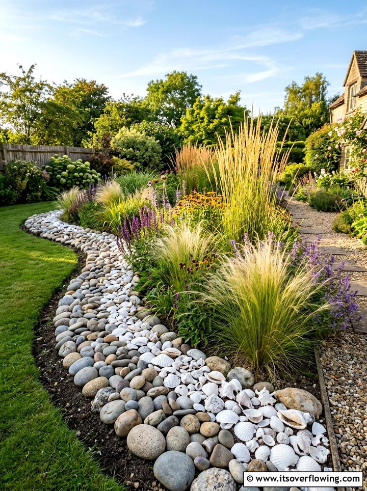 Seashell and river rock garden transition - 25 garden ideas with shell borders