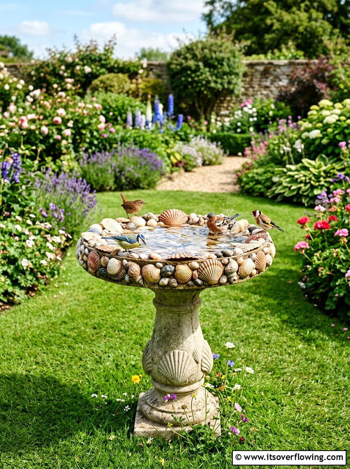 Seashell bird bath - 25 garden decor ideas with shell accents